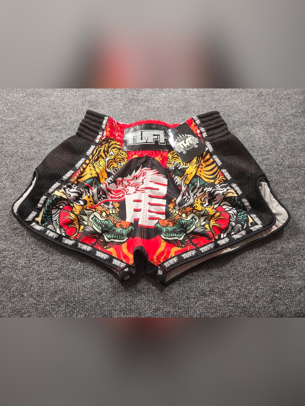 TUFF NWT Muay Thai Boxing Shorts Retro Style Red Chinese Dragon & Tiger Size L
